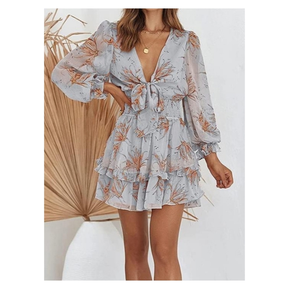 Blue floral chiffon long sleeve smocked waist tie bust tiered ruffle mini dress